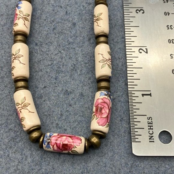 Floral Beaded Necklace Ceramic Pink Rose Cream Blue Green Bronze Cord Soft Girl - Picture 7 of 9